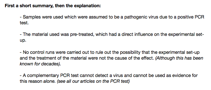 28/ 'The typical procedure: Cells are pre-treated with chemicals, antibiotics and fetal bovine serum and the so-called cytopathic effect (CPE) is equated with a replication of a virus. A positive PCR test is then used as a complementary confirmation.A summary [see image]