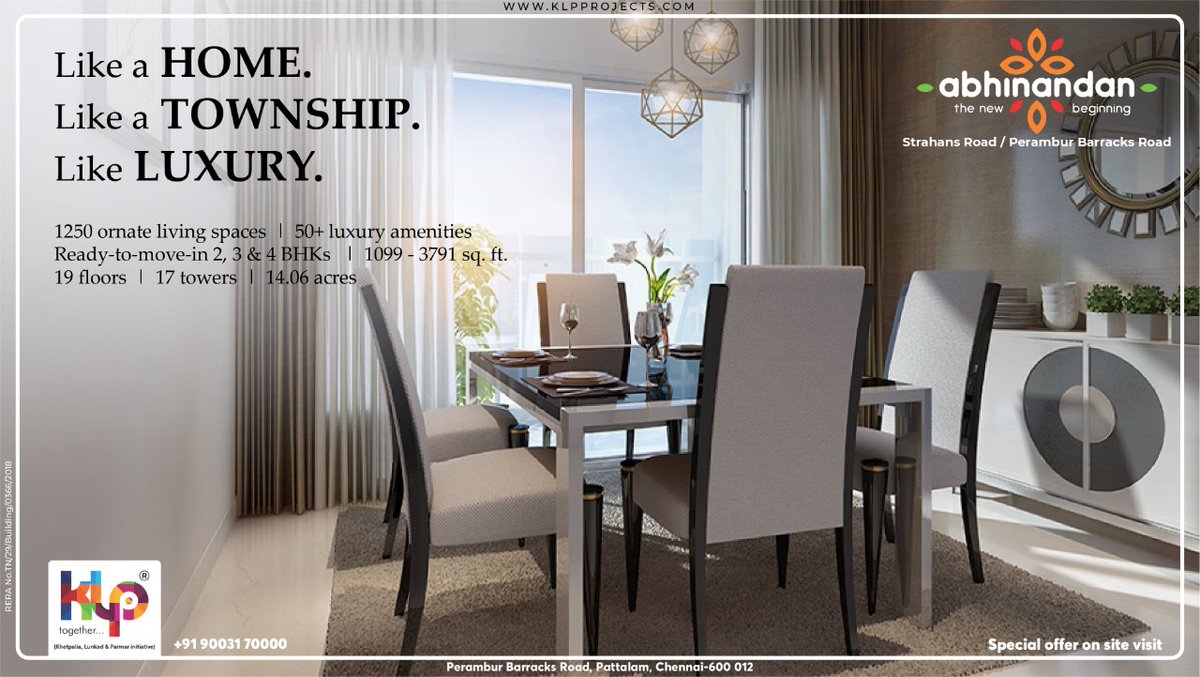 Klpproject's tweet photo. Begin your new life swathed in luxury and amenities like never before. 1250 ornate living spaces | 50+ luxury amenities | Ready-to-move-in 2, 3 &amp; 4 BHKs. Book now. Ph: 90031 70000
#klpprojects #abhinandan #luxuryhomes https://t.co/96zE1W09nT