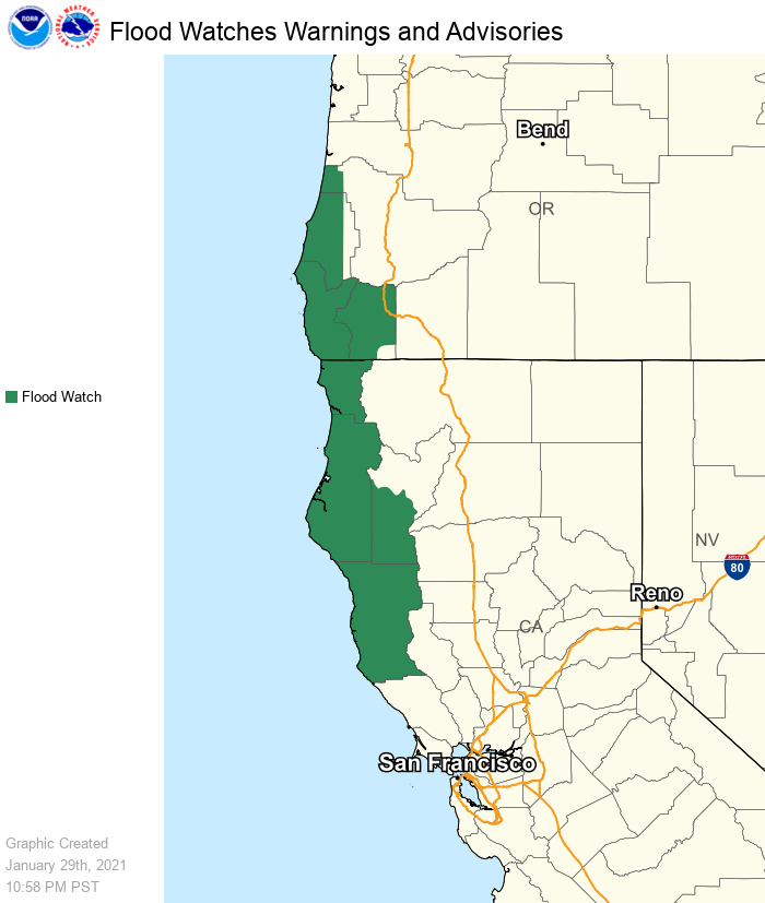 Another round of heavy precipitation is forecast to impact the Coastal Range extending from southern Oregon into northern California through early Tuesday.  Given wet soils, rising snow levels and residual burn scars, additional rainfall may lead to localized flooding.