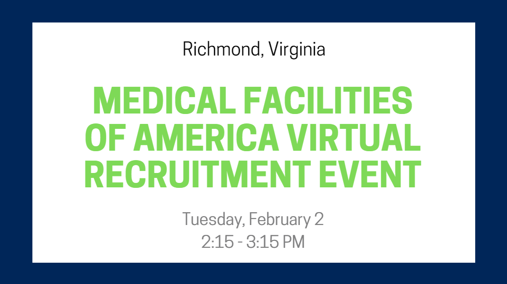 Medical Facilities of America Virtual Recruitment Event for the Richmond area! For more information, visit: vec.virginia.gov/node/12634 #VAJobs #networking #recruitment