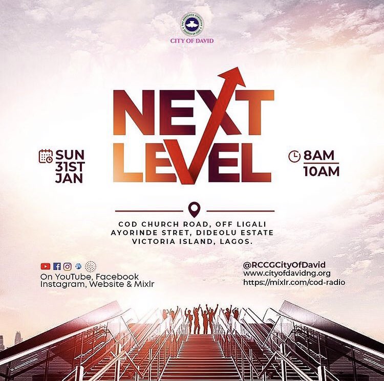 PastorID's tweet photo. Join us tomorrow @rccgcityofdavid for our sunrise and sunshine service as We share on the theme “Next Level”. It is my prayer, that God will take us to a higher level in Jesus name. Amen
#SunshineService
#SunriseService
#NextLevel https://t.co/ETbCtVUZSp
