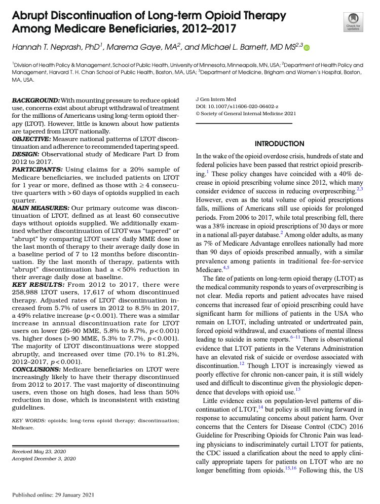 New paper! Led by the great  @hannahneprash along with stellar RA Marema Gaye.In  @JournalGIM we take a close look at how chronic opioid users in Medicare have had their therapy discontinued from 2012-2017. We find some disturbing results ... https://rdcu.be/cetTq&nbsp;/1