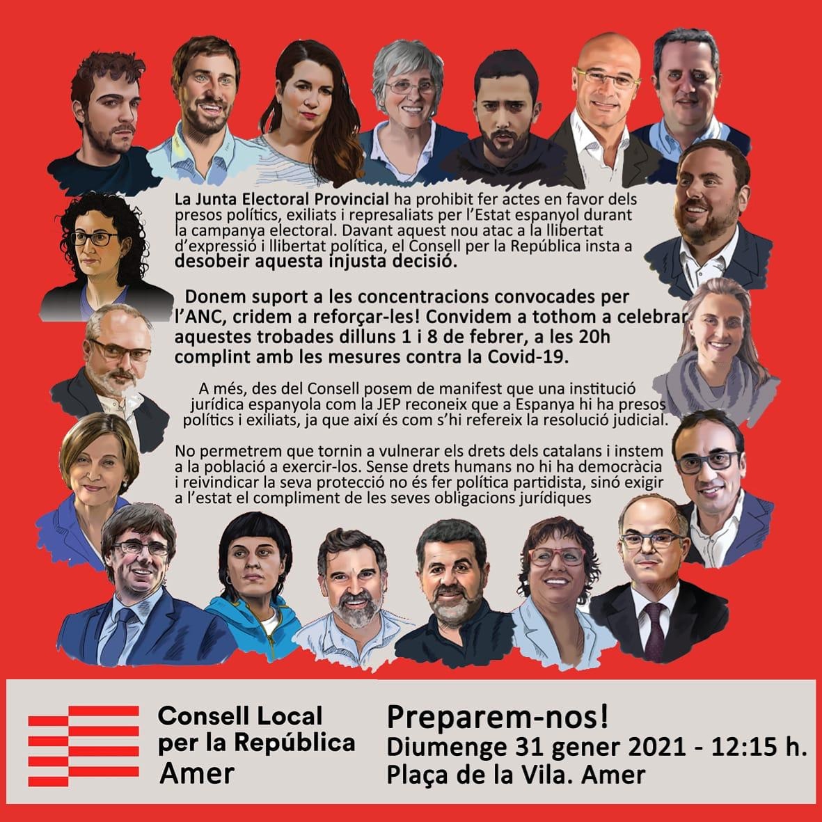 CLxR_Amer's tweet photo. ⭕ A Amer ens avancem. Demà diumenge 31 de gener a les 12,15h concentració a la Plaça de la Vila coordinats amb l'ANC a favor de la llibertat dels presos polítics, exiliats i represaliats. #PreparemNos #AmerNoSurrender #NoSurrender 💪🏻🎗️ #LlibertatPresosPoliticsiexiliats https://t.co/XolS5EQBp1