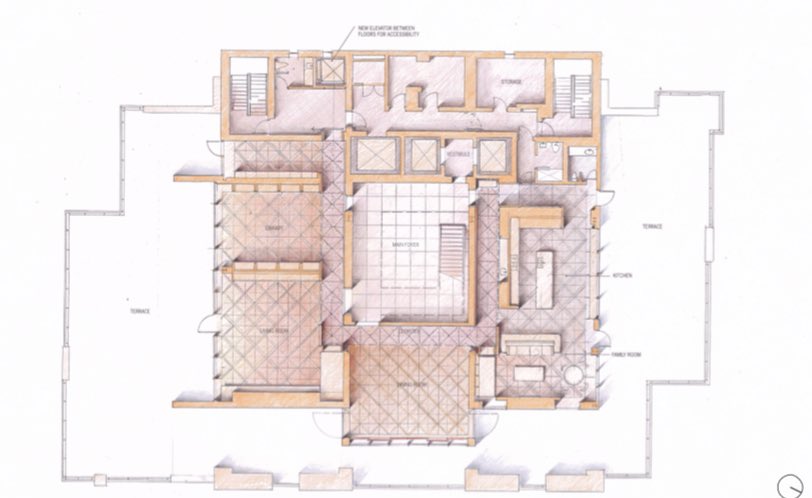 The biggest issue is a set of doorways - one moved, two new - that would alter the library and living room, framing the central atrium as an object 5/