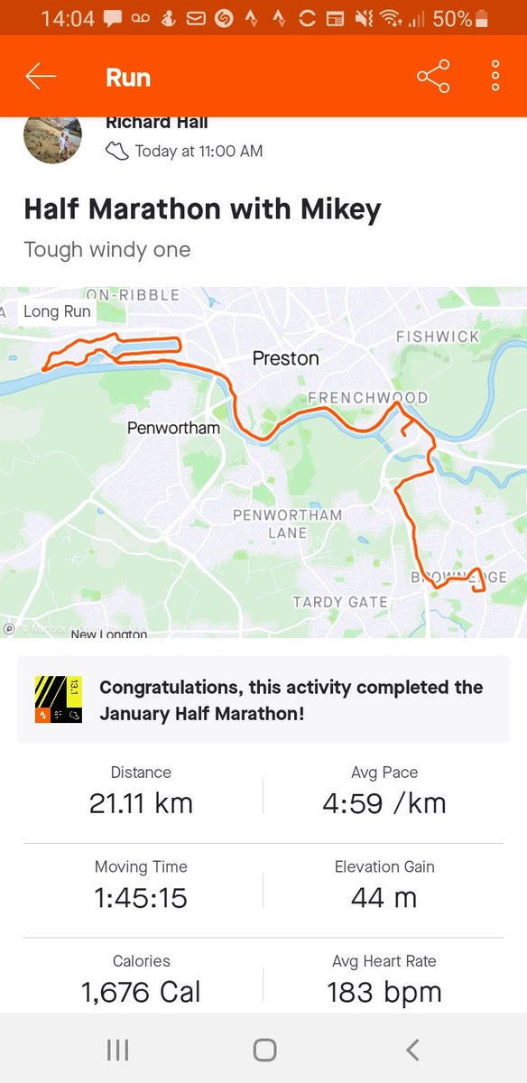 Tough little half marathon this morning with <a href="/mwilson1988/">Michael Wilson</a> . 45 min circuit beforehand courtesy of <a href="/AEPerformance3/">AEPerformance</a> followed by 1 hour 45 mins of windy hell. First one of the year in the bank though