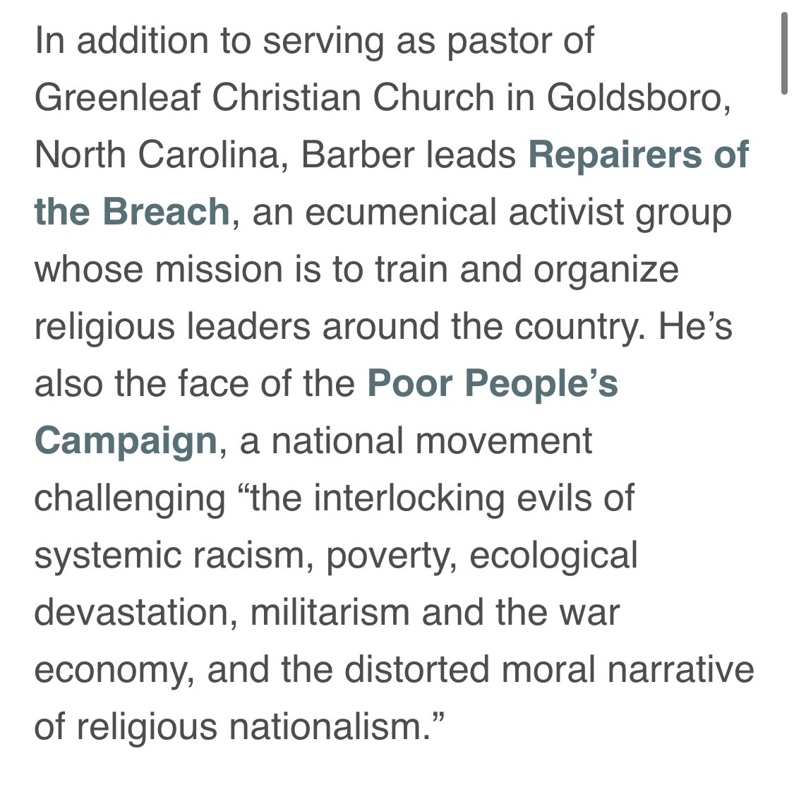 9. And as they began occupying more space in liberal circles, faith activists also increasingly framed themselves as a counterbalance to another movement: Christian nationalism.In fact, leaders like Rev. William Barber began listing it as one of America’s “interlocking evils.”