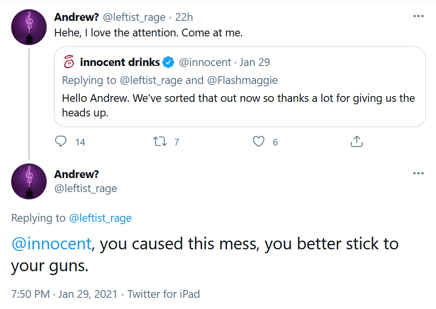 yatakalam's tweet photo. @innocent @leftist_rage @Flashmaggie Hi @innocent,
Good to see you're sticking to your guns, keeping up this tweet, and rejecting feminists on twitter. Wouldn't want to disobey Andrew, would you?
In any case, why should your innocent reputation be besmirched by feminists buying your drinks? Intolerable. https://t.co/bDNyrGwE9Z