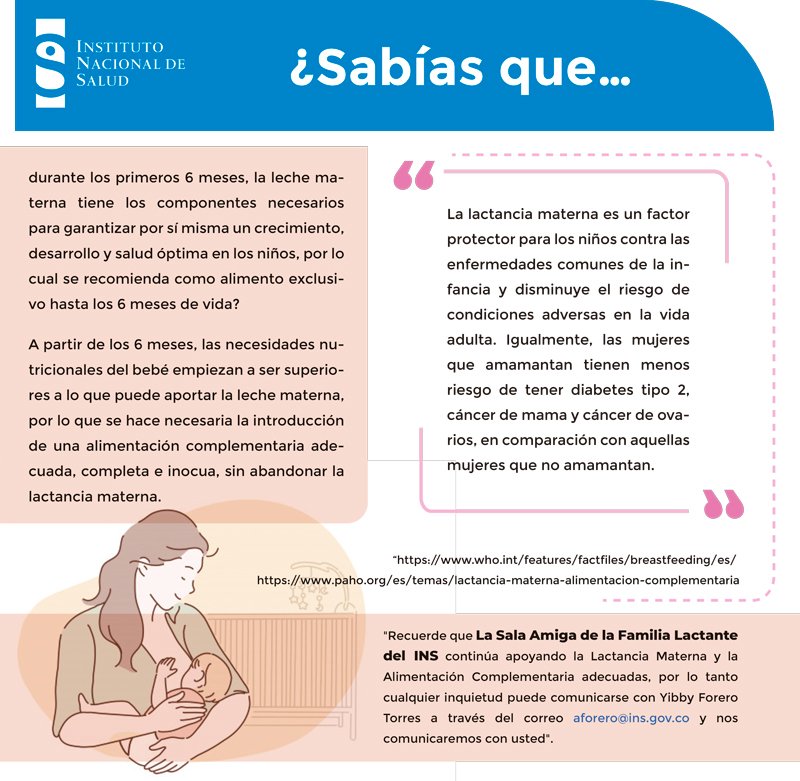 INSColombia's tweet photo. #CelebraLaTeta #HiloINS 🧵👇🏻
¿Sabías que la leche materna protege a los niños y niñas contra enfermedades comunes de la infancia?
Desde el @INSColombia apoyamos y #CelebramosLaTeta. https://t.co/D2YqDrMmC4