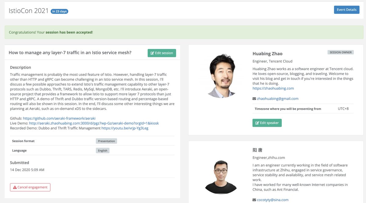 zhaohuabing's tweet photo. It's amazing that my submission has been accepted by the first #IstioCon. I'll talk about how to extend Istio's traffic management to all layer-7 protocols with the help of Aeraki (https://t.co/tg7t6Ai6BP), including Dubbo, Thrift, Redis, etc. See you soon! https://t.co/jlgzKVzbAT