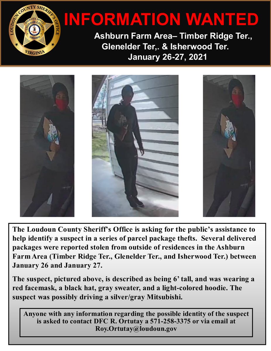 LoudounSheriff's tweet photo. #SuspectSaturday LCSO seeks publicβs assistance to ID suspect in a series of parcel package thefts in the Ashburn Farm area. The suspect was possibly driving a silver/gray Mitsubishi. Anyone with any info please contact DFC R. Ortutay a 571-258-3375. https://t.co/kT8Tosnx63