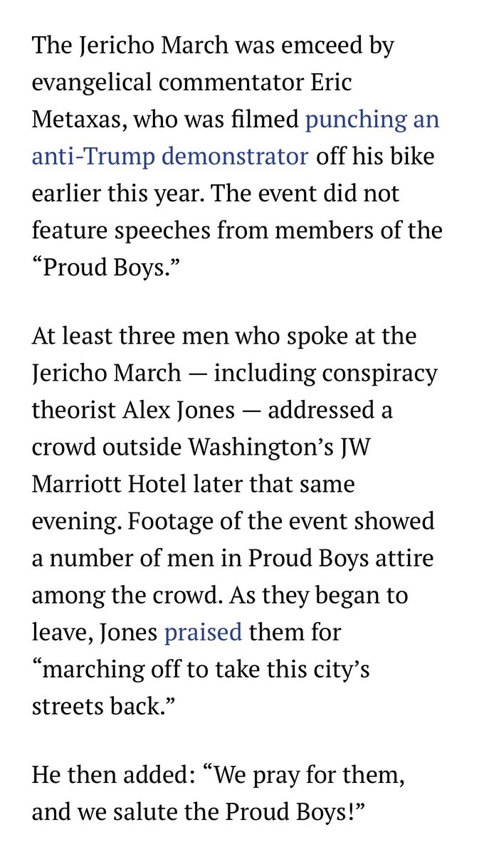 12. The two efforts would eventually come into direct conflict.E.g., in December, when Trump supporters gathered in DC, there was the often Christian nationalist “Jericho March.”Speakers from that event would later pray for Proud Boys as they marched into the streets of DC…