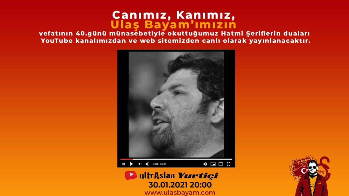 Ulaş Bayam Başkanımızın vefatının 40.günü münasebetiyle okuttuğumuz Hatmi Şeriflerin duaları YouTube kanalımızdan (youtube.com/uAYurtici) ve web sitemizden (ulasbayam.com) bugün saat 20:00’da canlı olarak yayınlanacaktır.#uAYurtiçi