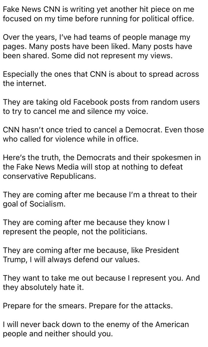 This is her statement. "My time before running for political office". The extreme content involves comments her account liked, specific comments she agreed with, and videos of her saying extreme things on camera!