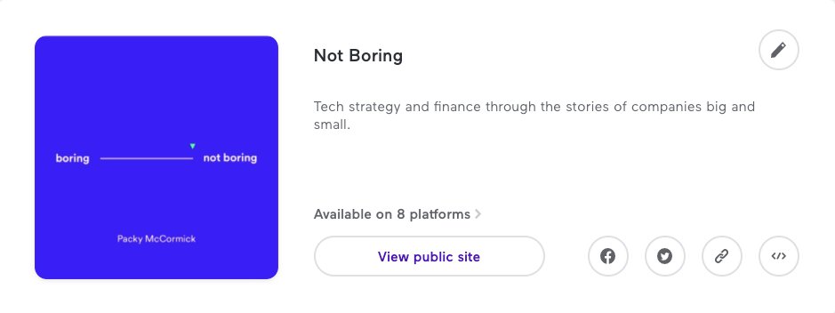 One of Spotify's big acquisitions,  @anchor, has become the de facto podcast publishing platform.Anchor powers 80% of Spotify's new podcasts, and 70% of the total catalog. More than half of the podcasts on Spotify, 1mm out of 1.9mm, launched in 2020 alone.It's what I use.