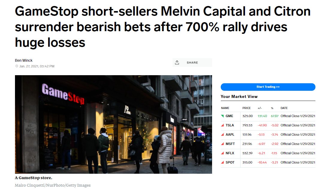 On Monday, short sellers had borrowed 140% of every available share, but as this news story broke, public opinion sided with these small internet trades, more people bought shares, so Wallstreet panicked.
