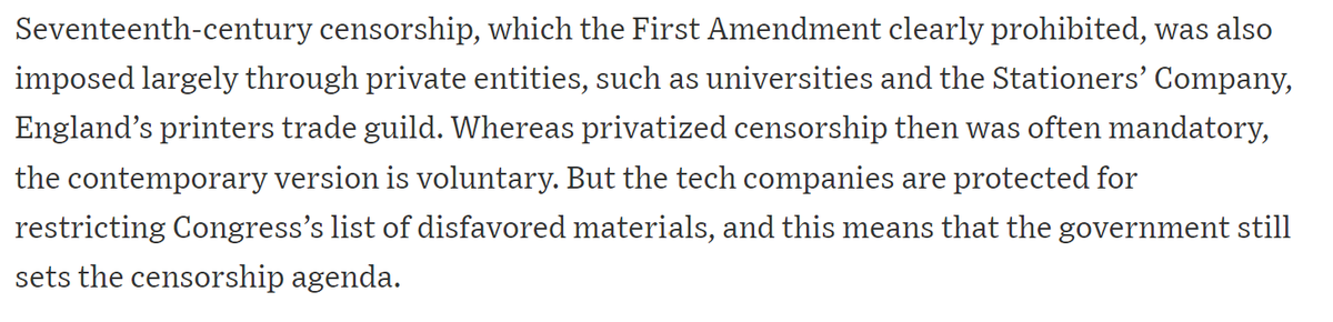 12/ P.S. Is he comparing content moderation to compliance with gov-imposed prior restraints? Huh? Is this like a terrible state-action arg? Or what?The attempt at a history lesson seems forced (as does a later reference to the Star Chamber).