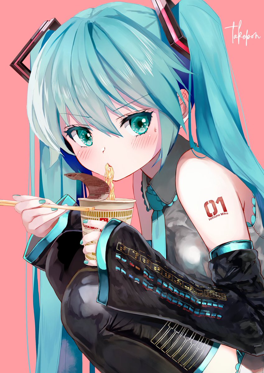 hatsune miku 1girl solo long hair detached sleeves twintails noodles cup ramen  illustration images
