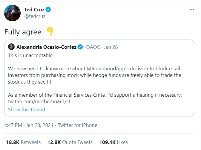 The media and many politicians are trying to go after these Reddit traders, completely ignoring what was likely blatant illegal market manipulation by brokers (and possibly hedge funds).However, some, such as  @RepAOC and  @SenTedCruz want to investigate what these brokers did.