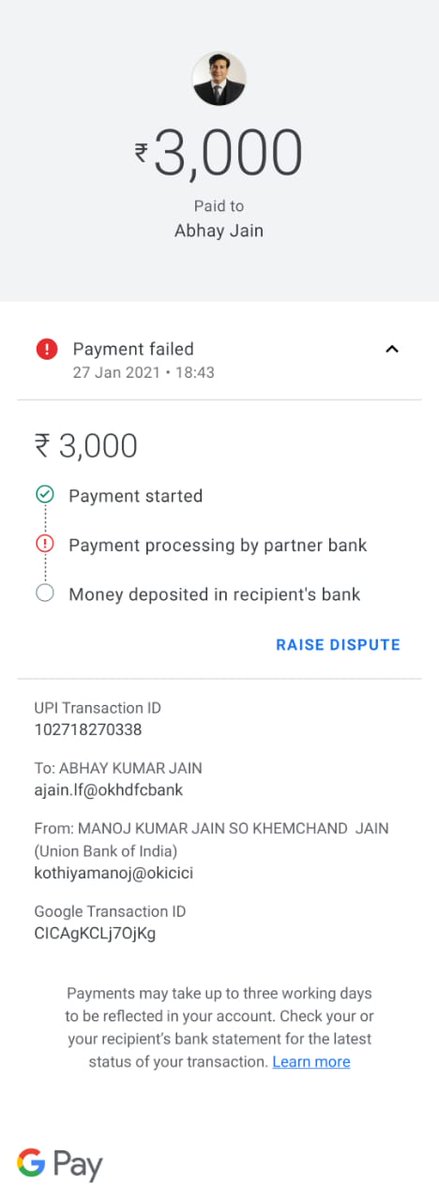 ManojJainlive's tweet photo. .@GooglePay मैंने 27 जनवरी 2021 को गूगल पे से पैमेंट किया था, जो कि फैल बता रहा है। मगर आज 3 दिन हो जाने के बाद भी मेरे पैमेंट रिसीव नहीं हुआ है। 

कृपया मदद करें। 

Pl help... https://t.co/zsc6j1jLMk