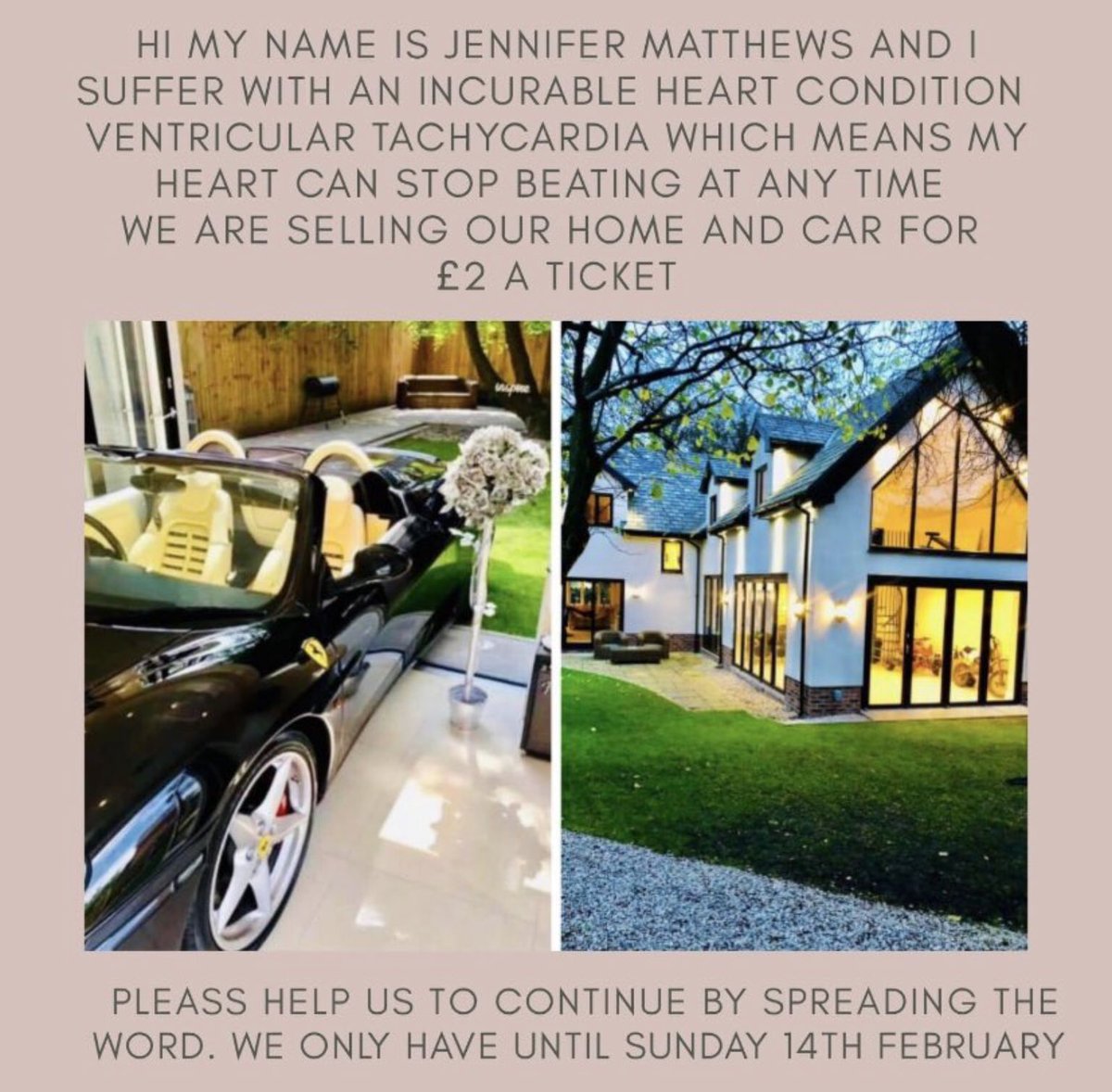 JenErari21's tweet photo. Please, please help by retweeting and sharing with everyone you know. We only have 15 days left to reach our target 🎯 To buy tickets, simply type Raffall657677 into any search engine &amp; it will take you straight to the page #Win #House #Ferrari @lucymitv @ILoveMCR @fmuamba6 https://t.co/mhCgZnYRVj