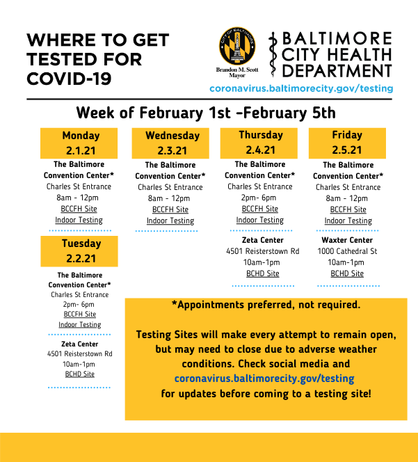 BMore_Healthy's tweet photo. Good Morning Baltimore! Next week's schedule of COVID-19 Testing Locations is now up on our website, https://t.co/PAOPBBVgG4!

No id, insurance, or doctor's referral required at these locations, and the tests are 100% free!  #coronavirusbalt #baltimoreversuscovid https://t.co/fKH8BlypVy
