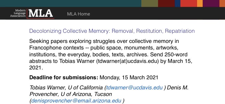 LLCFrancophone's tweet photo. MLA 2022 (Washington, DC): We are happy to share with you the CFP for our three @LLCFrancophone sponsored panels. Deadline: March 15. @MLAnews https://t.co/RXtWsk440t