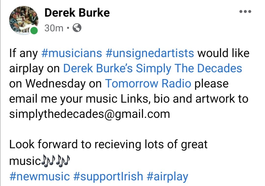 synchropromo's tweet photo. Always nice to see radio hosts reaching out. Nice one Derek.

#playirish #irishmusic #supportirishmusic #irishmusicparty @DerekBurkePR @DB_Promos @TomorrowRadio3 https://t.co/leZpj0jcVC