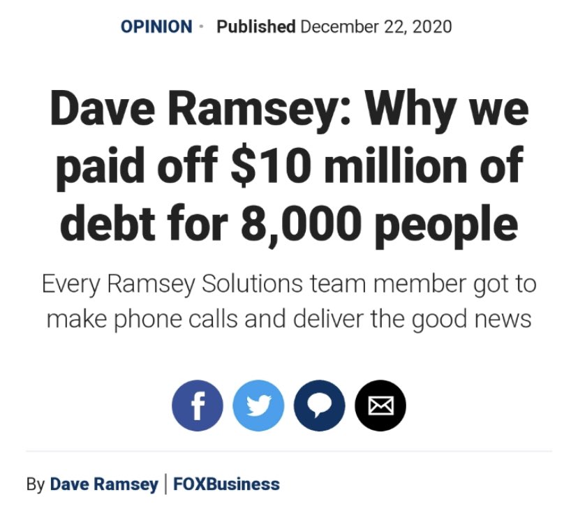 Giving every benefit of the doubt, maybe the debt  @daveramsey bought wasn’t as old, but transparency would at least note that they didn’t pay anywhere near $10M. One article initially headlined that they *spent* $10M. Headline was changed.3/