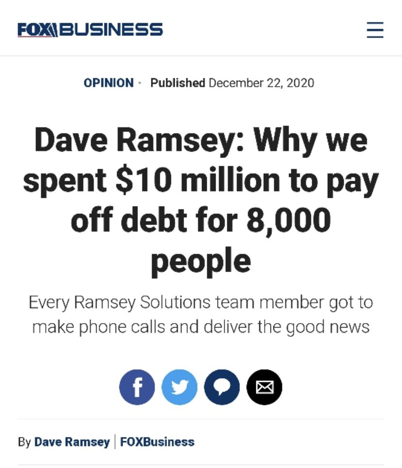 Giving every benefit of the doubt, maybe the debt  @daveramsey bought wasn’t as old, but transparency would at least note that they didn’t pay anywhere near $10M. One article initially headlined that they *spent* $10M. Headline was changed.3/