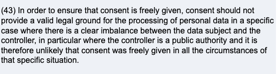 And here is Recital 43 of the GDPR for you to read yourself.
