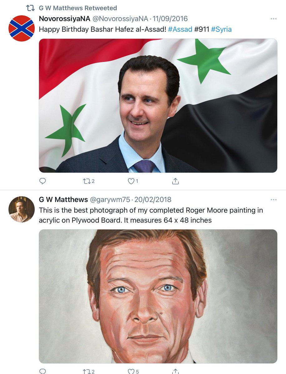 Matthews went from tweeting his paintings to glorifying fascist dictator Assad (via Russian nationalist Twitter accounts) around the time of the Douma bombing, when there was a massive Russian-backed disinfo campaign about Syria... http://www.bbc.co.uk/news/blogs-trending-43745629