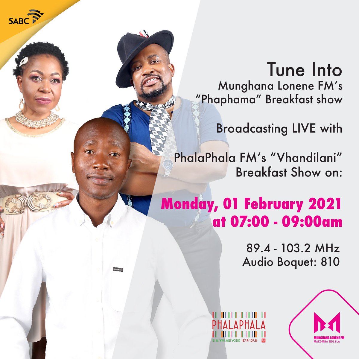 Munghana's tweet photo. Hiti 01 Nyenyenyana 2021 @Munghana na @Phalaphala vaku tisela vuhaxi bya xiyimo xale henhla loko @phaphamamlfm yi hlangana na #Vhandilani hi 07:00 - 09:00 AM.

🎙@Djbrianrikhots
🎙@ConnyMikateko 
🎙 #Jones 

#HiswinweRirothe 🎉🎉🎉🎉🎉 https://t.co/n7rM5kGngy