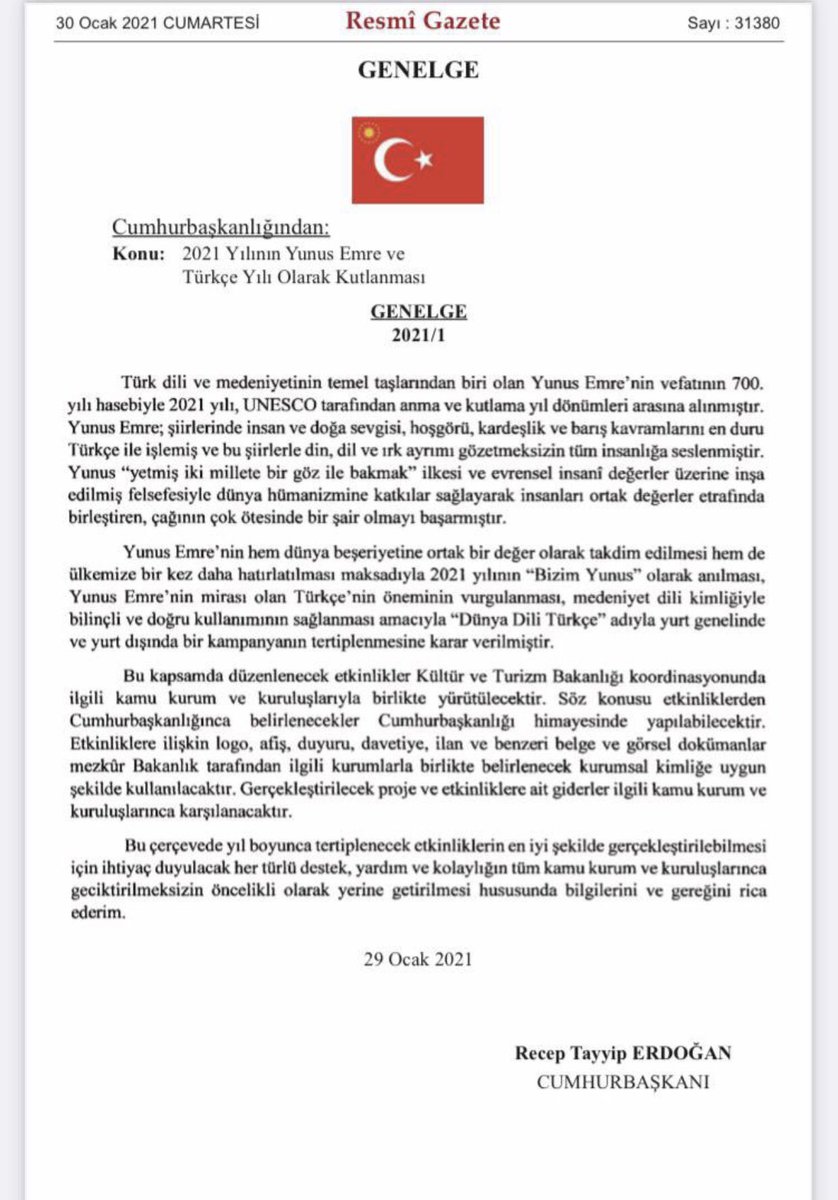 🔗tdk.gov.tr/icerik/basinda…
📌30 Ocak 2021 tarihli Resmî Gazete’de yayımlanan Genelge ile 2021 yılı Cumhurbaşkanlığımız tarafından “Yunus Emre ve Türkçe Yılı” olarak ilan edilmiştir.