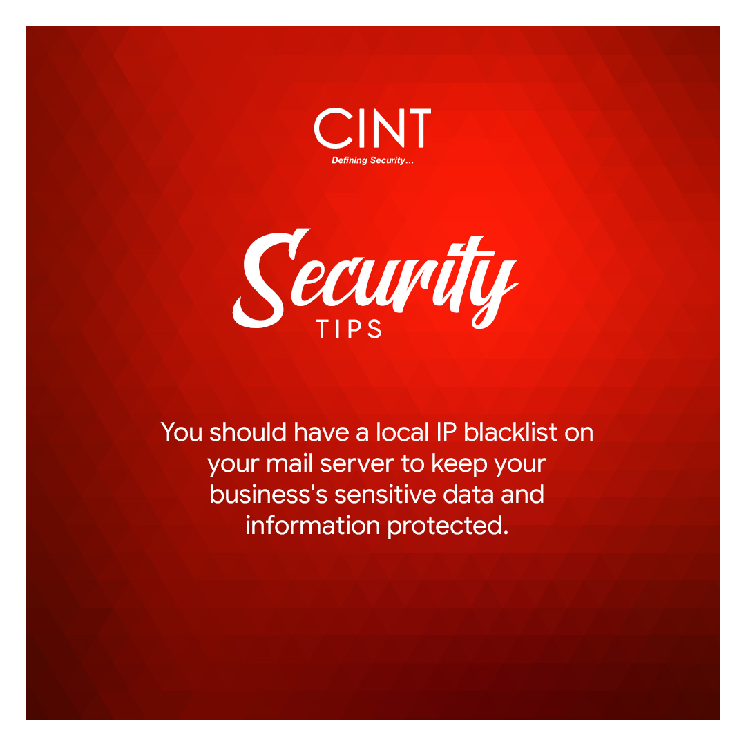 Cint_Security's tweet photo. Want to secure and #protect your #sensitive data?
Its always advised to take additional measures when protecting personal information.
Create an IP blacklist on your mail.
For more #securitytips follow us on Instagram.
Choose #Cint_Security to ensure your #security now. https://t.co/rjHJLxicbZ