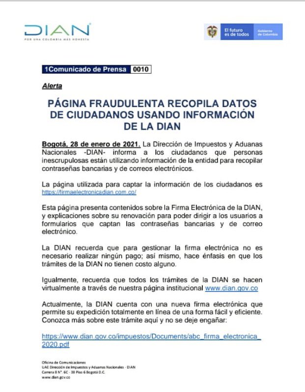 colCERT's tweet photo. ¡Alerta! Página fraudulenta recopila datos de ciudadanos usando información de la @DIANColombia #fraude #phishing @CaiVirtual @mindefensa @Ministerio_TIC https://t.co/BN1gW5ab1S