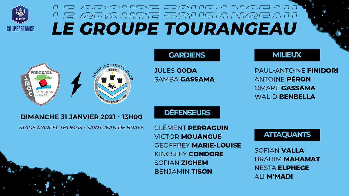 ToursFC's tweet image. 📝 Découvrez le groupe 16 joueurs convoqué par Nourredine El Ouardani pour affronter St Jean de Braye à l'occasion du 6ème tour de la Coupe de France.

🤕 : Irfane Abdallah, Karim Touré, Nicolas Obama
Choix : Emmanuel Mbarga