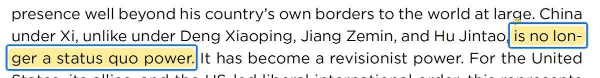 Or this. How was China a status quo power under Xi's predecessors? I think the author is trying to say that it was not trying to overturn the international order. But this was less a matter of intention than of capabilities. If you are powerful enough to set the rules, you do.