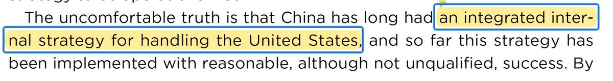 From my recollection, for years the problem in China's strategic community was precisely that there was not a clear-cut strategy for handling the United States. It's questionable that China even has a grand strategy. If it does, the author doesn't explain what this "strategy" is.