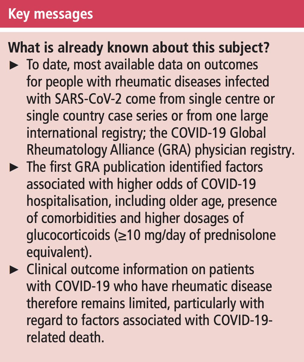 rheum_covid's tweet photo. Our latest publication in @ARD_BMJ:

Factors associated with COVID-19-related death in people
with rheumatic diseases: results from the COVID-19 Global Rheumatology Alliance physician-reported registry

#OpenAccess: https://t.co/AhKSIhoajO https://t.co/I8dSJl8VBm