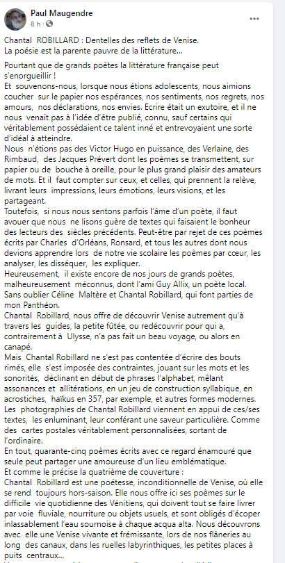 Ed_Asterion's tweet image. Merci à Paul Maugendre pour cette très belle critique de &quot;Dentelles des reflets de Venise&quot;, le dernier livre de Chantal #Robillard