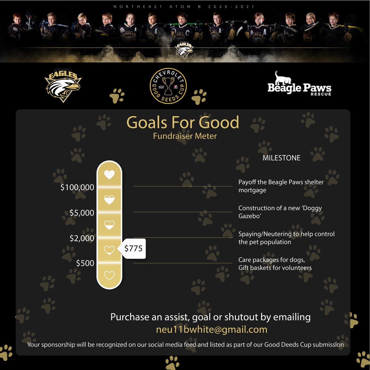 The NEE 11UB White is doing good things in our community!  Help us reach our goal for Beagle Paws!  <a href="/ChevroletCanada/">Chevrolet Canada</a> #GoodDeedsCup <a href="/townoflbmcoc/">Town of LBMCOC</a> <a href="/HockeyCanada/">Hockey Canada</a> @HkyNL <a href="/PCSPnl/">Town of PCSP</a> @torbaynl <a href="/TownofFlatrock/">Town of Flatrock</a> <a href="/BeaglePaws/">Beagle Paws Rescue</a> <a href="/ne_eagles/">Northeast Eagles</a>