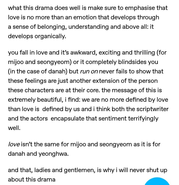 "What this drama does well is make sure to emphasize that love is no more than an emotion that develops through a sense of belonging, understanding and above all: it develops organically."So yeah, it's never too late to watch  #RunOn  #런온  https://revquiesce.tumblr.com/post/641117425465737216/im-late-to-the-party-but-i-want-to-express-my