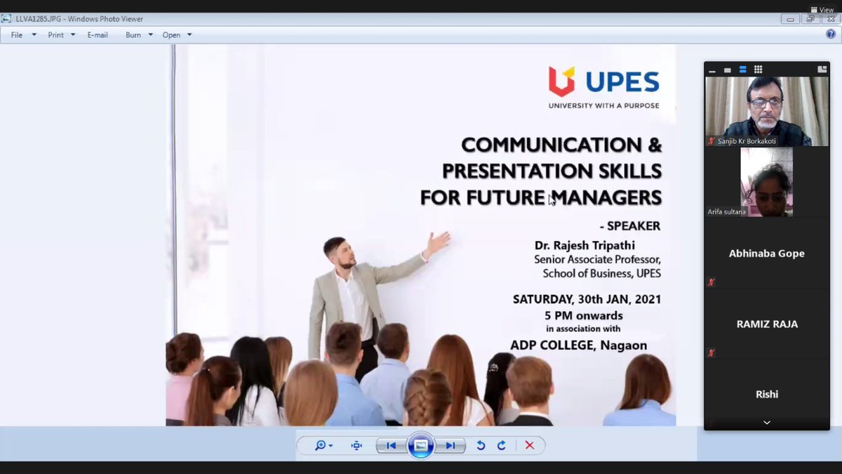 ADPCOLLEGE1's tweet photo. A Webinar on Communication &amp; Presentation Skill was organised by IQAC, ADP College in association with UPES University, Dehradun and Pearl Academy, Delhi. Dr Rajesh Tripathy was the resource person. Dr Sanjib Kumar Borkakoti, co-ordinator of IQAC gave welcome address. @borkakoti https://t.co/GZOAxvYNMz