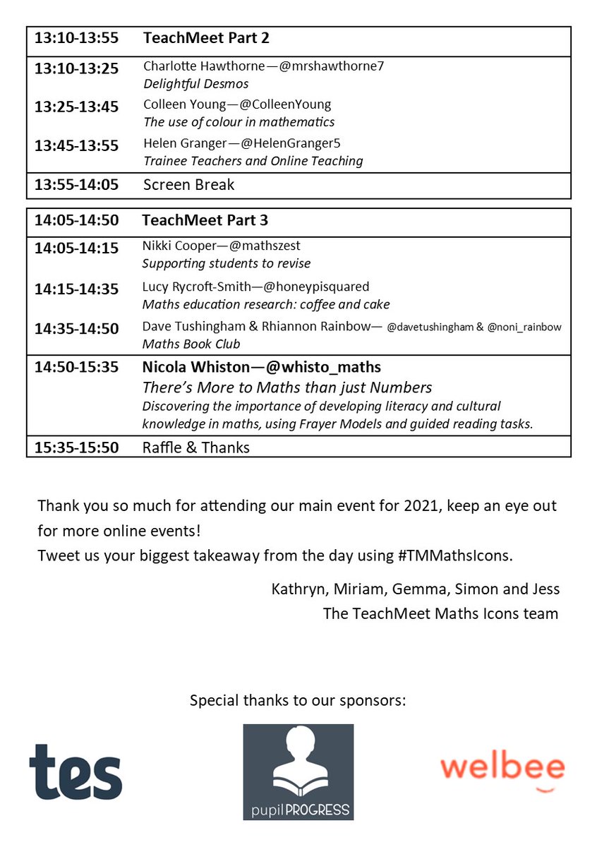 We can now reveal our programme for #TMMathsIcons on 13th February! 
Are you excited?!
Key notes from @boss_maths and <a href="/whisto_maths/">Nicola Whiston</a> 
Special guest <a href="/SLSingh/">Simon Singh</a> 
Plus so many of you lovely lot for the TeachMeet sections.