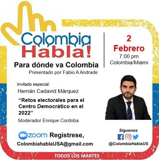 Los esperamos excelente invitado con quien vamos a compartir vamos por el 2022.  @hernancadavidma gran colombiano con excelente futuro presidencial. 👍@DeLaE_President @RafaNietoLoaiza @PlazasVegaSen48 @ThaniaVegaCD @PaolaSenadora @PalomaValenciaL @MariaFdaCabal @AlvaroUribeVel