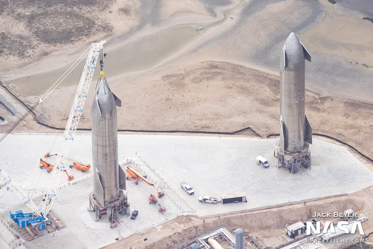 thejackbeyer's tweet image. Starships SN9 and SN10 at SpaceX’s South Texas launch site, as seen from the air. @NASASpaceflight