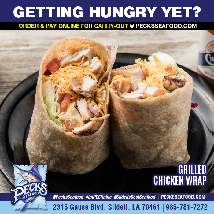 CHICKEN WRAP - Grilled or fried chicken, romaine, tomato, cheddar cheese, onion &amp; honey mustard. (ORDER NOW >> 1l.ink/3PTPKQT) #PecksSeafood #imPECKable #SlidellsBestSeafood #FoodPics #NomNom #InstaFood