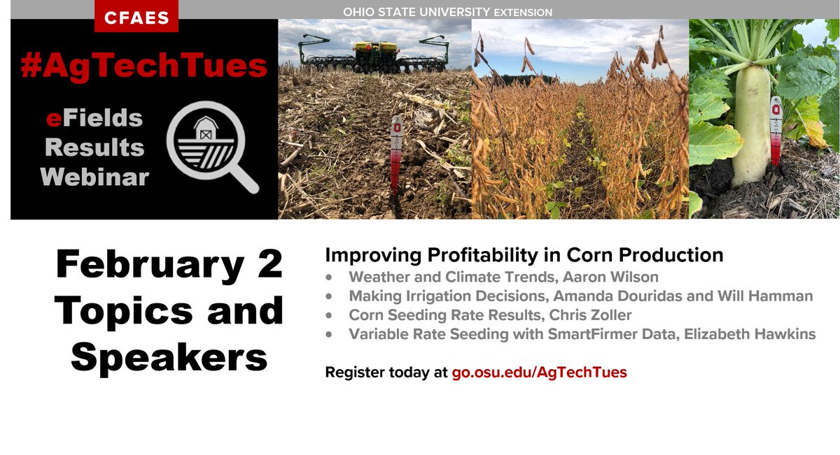 OhioStatePA's tweet photo. Are you interested in learning more about #eFields? Join us for the #AgTechTues webinar series starting Tuesday, February 2 at 10AM EST! This week we will look at results from trials to help you improve profitability in corn production! Register at https://t.co/ydUtEaDTtY. https://t.co/hoIuknTU89