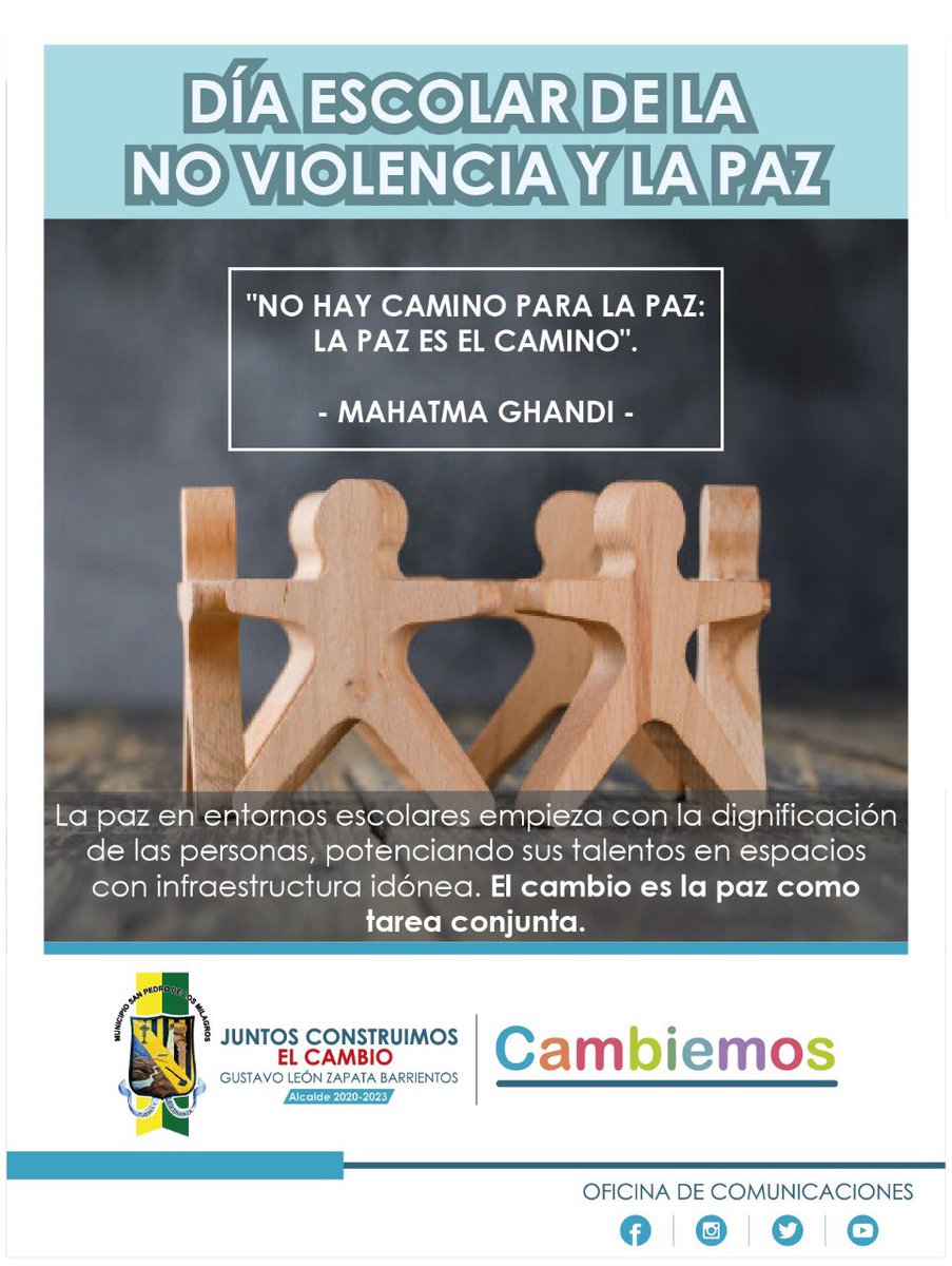 ¡Fomentar el diálogo, la no violencia y La Paz 🕊! Esa es nuestra misión y por eso conmemoramos este día tan importante para las sociedades.

¡Empecemos desde casa 🏡y cambiemos el mundo🌎! 

#JuntosConstruimosElCambio