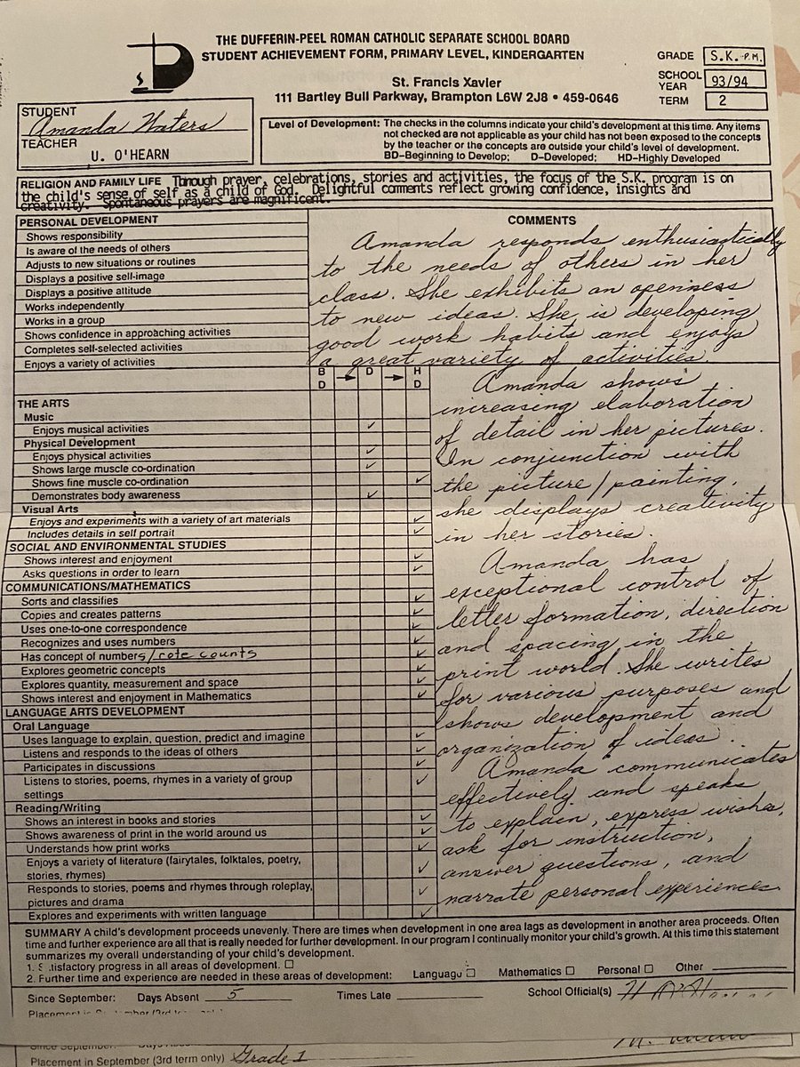 mswaters_'s tweet photo. While completing report cards this weekend I was feeling nostalgic and decided to pull out my kinder report card! Remember when report cards were hand written!? #1994 #flashback https://t.co/qmRnaS5Fwi